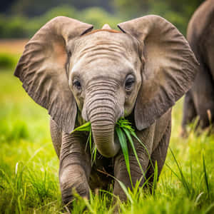 一隻在綠色田野裡吃草的小象