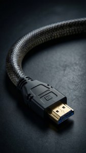 深色表面上帶金色連接器的編織HDMI線特寫。