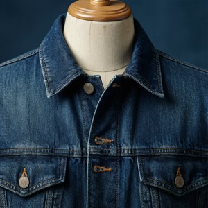 經典藍色牛仔外套在工作室環境中展示於人體模型上。