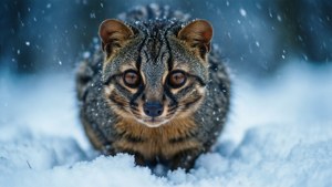 一隻擁有琥珀色眼睛的細小野生貓咪在冬季暴風雪中坐在雪地上。