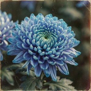 一朵藍色菊花，有層層疊疊嘅花瓣同復古菲林效果。