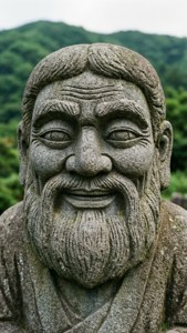 在山區綠色景觀中，一個微笑鬍鬚男子的風化石像。