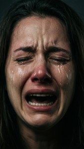 一個女人在黑暗環境中哭泣，淚水順著臉龐流下。