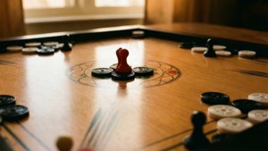 木製雙陸棋盤的特寫，紅色和黑色棋子正在遊戲中。