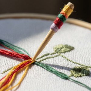 繡花框上布料帶有彩色線的刺繡針特寫