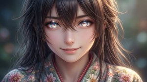 穿著花卉和服的動漫女孩，發光的藍色眼睛，溫柔地微笑。