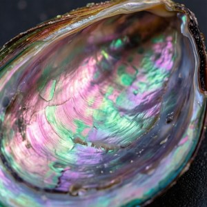 鮑魚殼的特寫，展現出鮮豔的彩虹色。 — Pixel Watch 壁紙