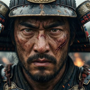 一名渾身是血的武士身著戰甲，身後火焰熊熊，目光如炬。 — Pixel Watch 5 壁紙