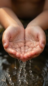 小孩雙手捧水，水滴落入水池