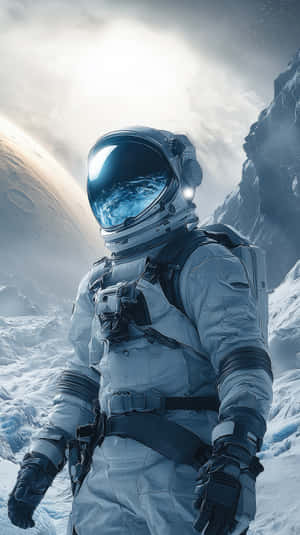 太空人穿著太空衣站在積雪的外星景觀上，可見行星和星星