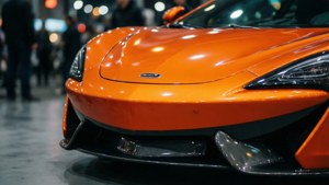 車展上展示的鮮橙色McLaren跑車，背景模糊。