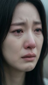 一個深色頭髮女性在特寫肖像中流下一滴眼淚沿著臉頰滑落。