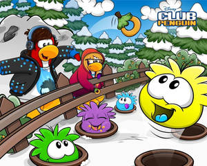 卡通企鵝和生物在森林中享受雪地冬日。