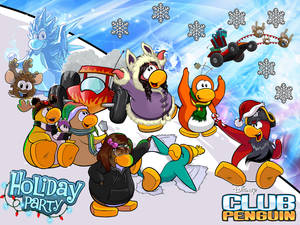 Club Penguin 角色在雪花和馴鹿雪橇的陪伴下享受雪地假期派對。