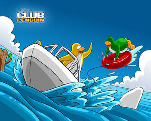 兩隻企鵝在海洋中的船和救生圈上玩耍。