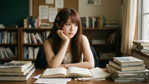 年輕女子在圖書館被書包圍的書桌上學習