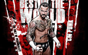 WWE 摔角手 CM Punk 帶有紋身和白色護腕，站在紅色和黑色圖形背景前。