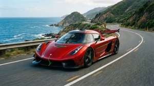 紅色 Koenigsegg 超級跑車在蜿蜒的海岸道路上行駛，靠近海洋懸崖