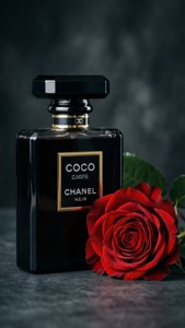 黑色 Chanel Coco Noir 香水瓶放在暗色表面上，旁邊有一朵紅玫瑰。 — 平板電腦 壁紙