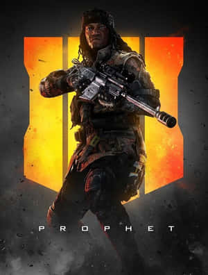 一名名叫 Prophet 的士兵持步槍，背景是火熱的橙色。