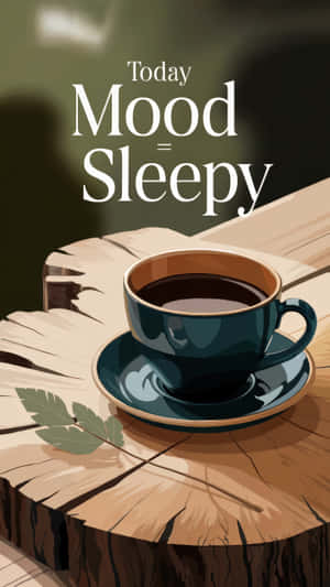 一個深青綠色的咖啡杯在木樁上，附近有葉子和文字 Today Mood Sleepy