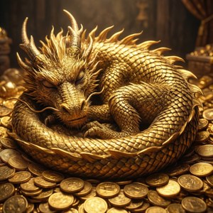一條金龍蜷縮在金幣堆中，在寶藏室裡睡著。
