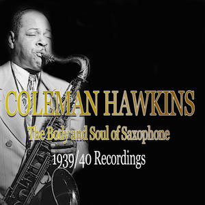 Coleman Hawkins在復古黑白照片中演奏色士風，帶有金色文字疊加。 — 音樂 GIF 壁紙