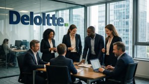 六位身穿西裝的商務專業人士在現代辦公室內的會議桌旁協作，帶有 Deloitte 品牌標誌。
