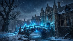 哥德式橋樑在雪中發出藍光，通往星空下的城堡