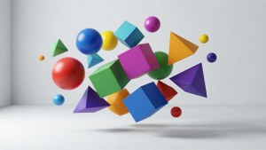白色工作室空間中漂浮的彩色3D幾何形狀