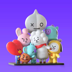 BT21卡通人物公仔一起排列在展示架上。