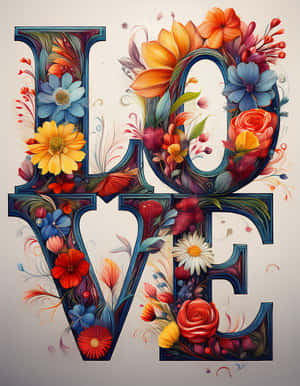 以裝飾藝術風格，用彩色花朵和蜿蜒藤蔓製成的「LOVE」一詞。