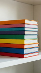 白色書架上的彩色書堆
