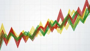 網格背景上紅色、黃色和綠色的上升趨勢圖表線。