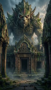 巨大的長滿青苔的惡魔守衛著迷霧廢墟中的古老寺廟入口。