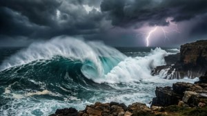 雷暴期間，巨大的海浪拍打岩石海岸。