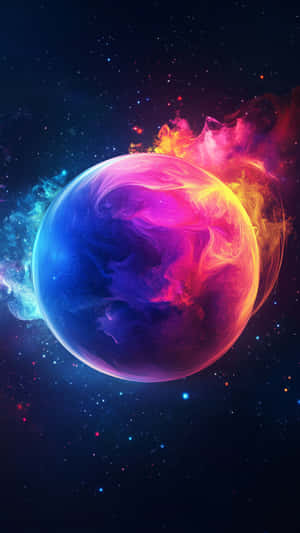 一顆發光的行星，在佈滿星星的太空場景中有旋轉的洋紅色和青色雲層