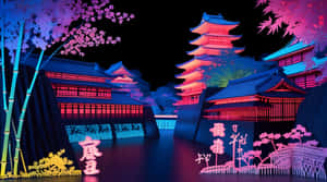 霓虹燈照亮日本寶塔和櫻花，夜晚倒映在水中