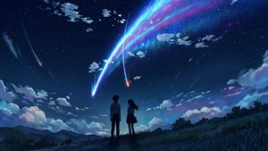 兩個人站在山丘上觀看彩色流星在繁星點點的夜空中墜落。