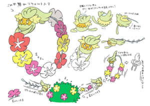 動漫風格的寶可夢概念藝術，帶有花卉設計和日文註釋。 — 可愛寵物小精靈 壁紙