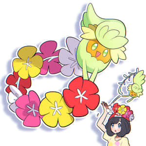 戴著花冠的動畫女孩與類似寵物小精靈的花卉生物玩耍。 — 唯美月亮動圖 壁紙