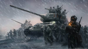 士兵和坦克在雪地戰場上移動的冬季戰爭場景。 — 戰爭 壁紙