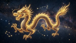 一條帶有發光鱗片的金龍飛過可見星座的星空夜空。