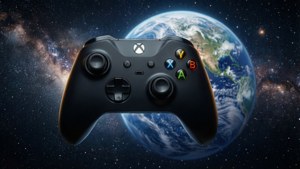 黑色Xbox手掣漂浮在太空，地球和星星在背後