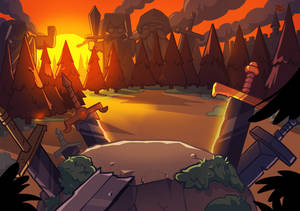 夕陽下插滿劍的戰場，戰士身影籠罩著森林。