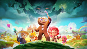 餅乾角色在奇幻風景中，天空有一個巨大的面孔。