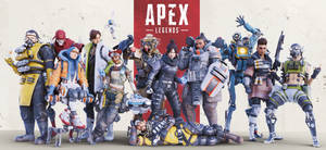 一群身穿戰鬥裝備的Apex Legends電子遊戲角色一起擺姿勢。