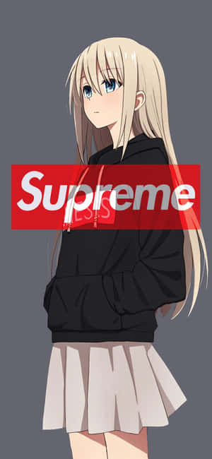 穿著帶有紅色Supreme標誌的黑色連帽衫和米色裙子的動漫女孩。