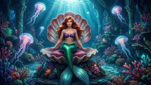 一位紅髮綠尾的美人魚坐在水中的巨型貝殼寶座上，周圍環繞著發光的水母和珊瑚。