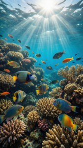 充滿活力的珊瑚礁，色彩繽紛的魚群在陽光照射的海水中游動